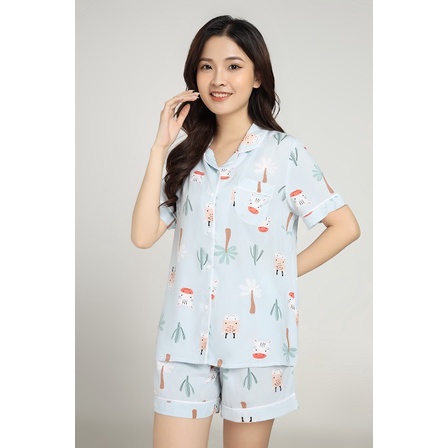 Bộ lanh pijama nữ mặc nhà quần đùi và áo cộc tay họa tiết Bro - V BBSW21050