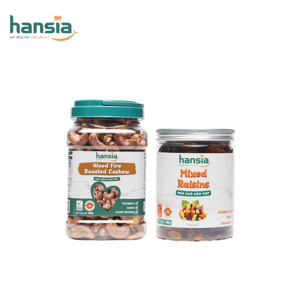 Combo Tăng Đề Kháng Organic HANSIA Gồm Hạt Điều Rang Muối Và Nho Khô Hỗn Hợp Giúp Bổ Sung Nhiều Vitamin 250-454g/Hộp