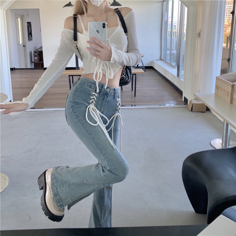 IELGY Quần Jean Ống Loe Lưng Cao Ôm Dáng Xẻ Tà Thời Trang Cho Nữ
