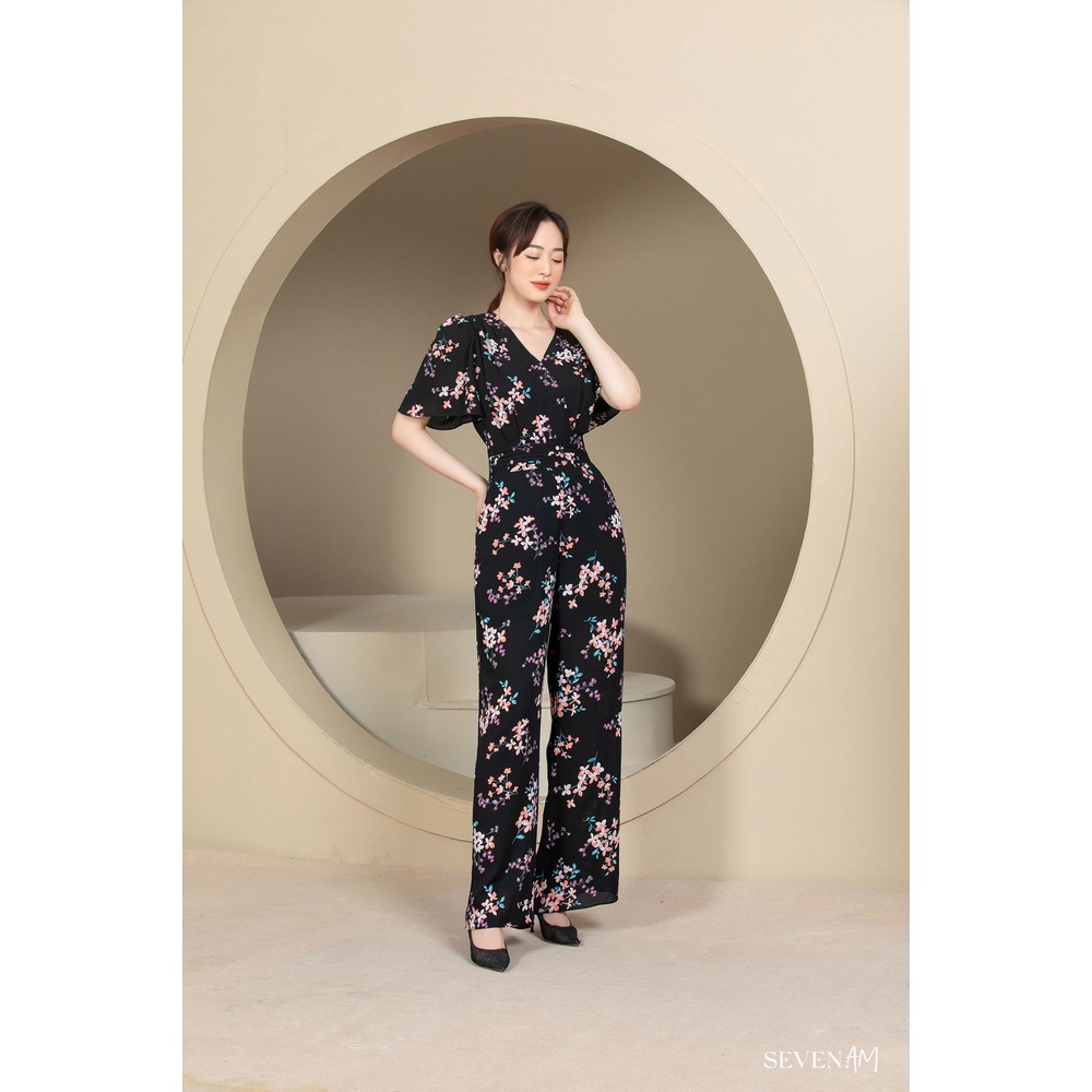 Đồ Liền Thân Jumpsuit Seven.AM Ngắn Tay Chất Chiffon Màu Đen Họa Tiết Hoa Hồng Tím/Hoa Trắng Xanh/Hoa Trắng Cam O903001C