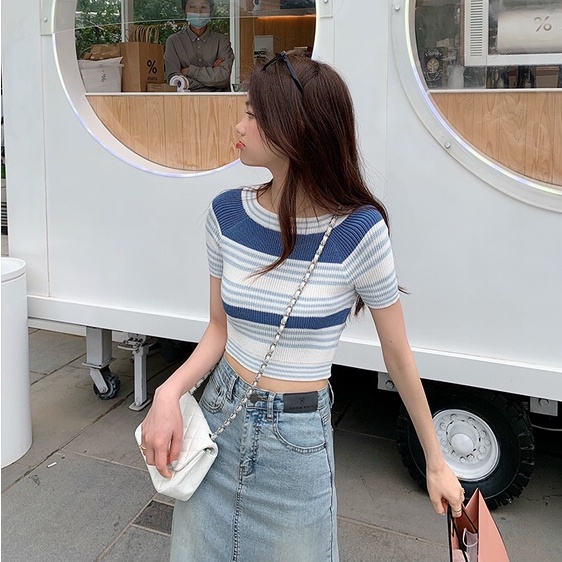 Áo thun ZHELIHANGFEI dệt kim tay ngắn cổ tròn họa tiết kẻ sọc trẻ trung thời trang