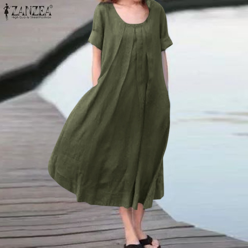 Đầm dài ZANZEA màu trơn cổ tròn xếp ly nhiều màu tùy chọn thời trang cho nữ