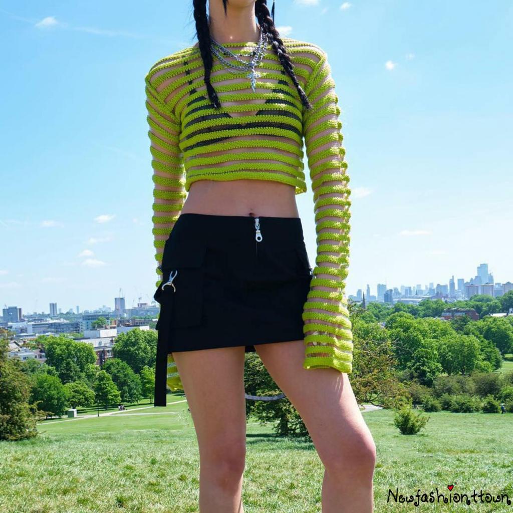 Áo Thun Crop Top Dệt Kim Xuyên Thấu Họa Tiết Kẻ Sọc Màu Xanh Lá Thời Trang Mùa Hè Y2K
