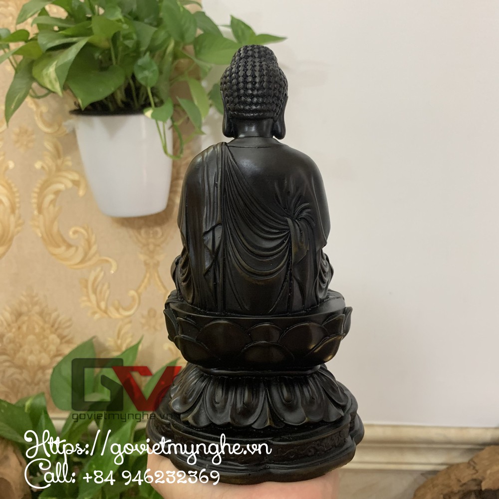 Tượng Đức Phật A Di Đà ngồi tọa thiền trên đài sen nguyên khối - Cao 20cm - Màu Nâu Đen