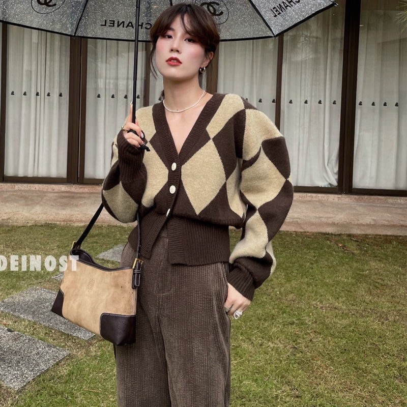 Áo Khoác Cardigan Nữ Croptop Caro Thoi Tông Đen Nâu Chất Liệu Len Dày Dài Tay Loại 1 Phong Cách Hàn Quốc Loại 1