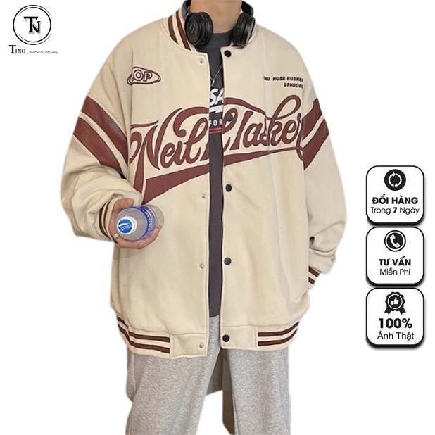 Áo Bomber unisex TINOWEAR, áo khoác nỉ bóng chày form rộng dáng dài thể thao 3 sọc, phong cách trẻ trung năng động