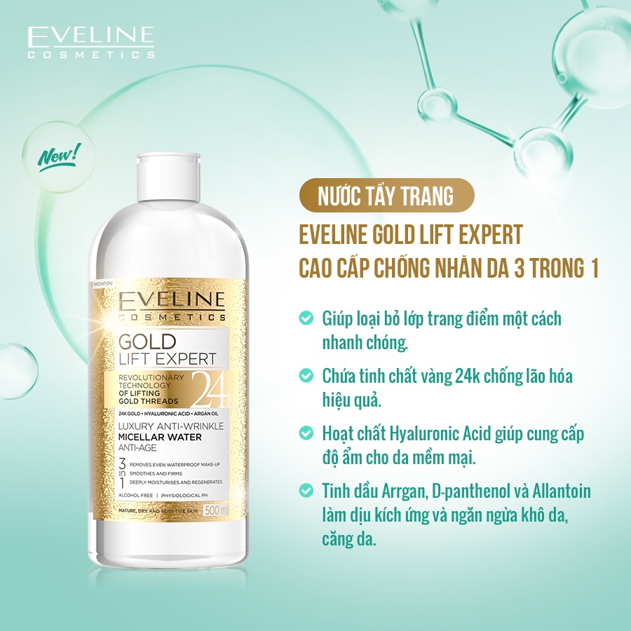 Nước tẩy trang Eveline Gold Lift Expert chống nhăn da 3 trong 1 - chai 500 ML