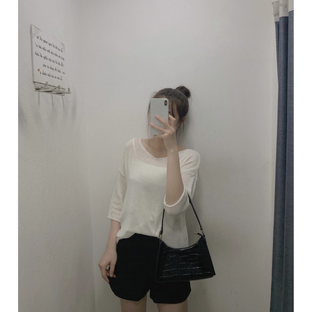 Áo len mỏng trơn xuyên thấu cổ tim tay lửng A1741 SUSTORE