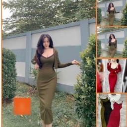 Sét đầm 2 dây viền ren ôm body dáng dài phối áo khoác ngoài cực xinh , chất thun gân mềm mịn ly