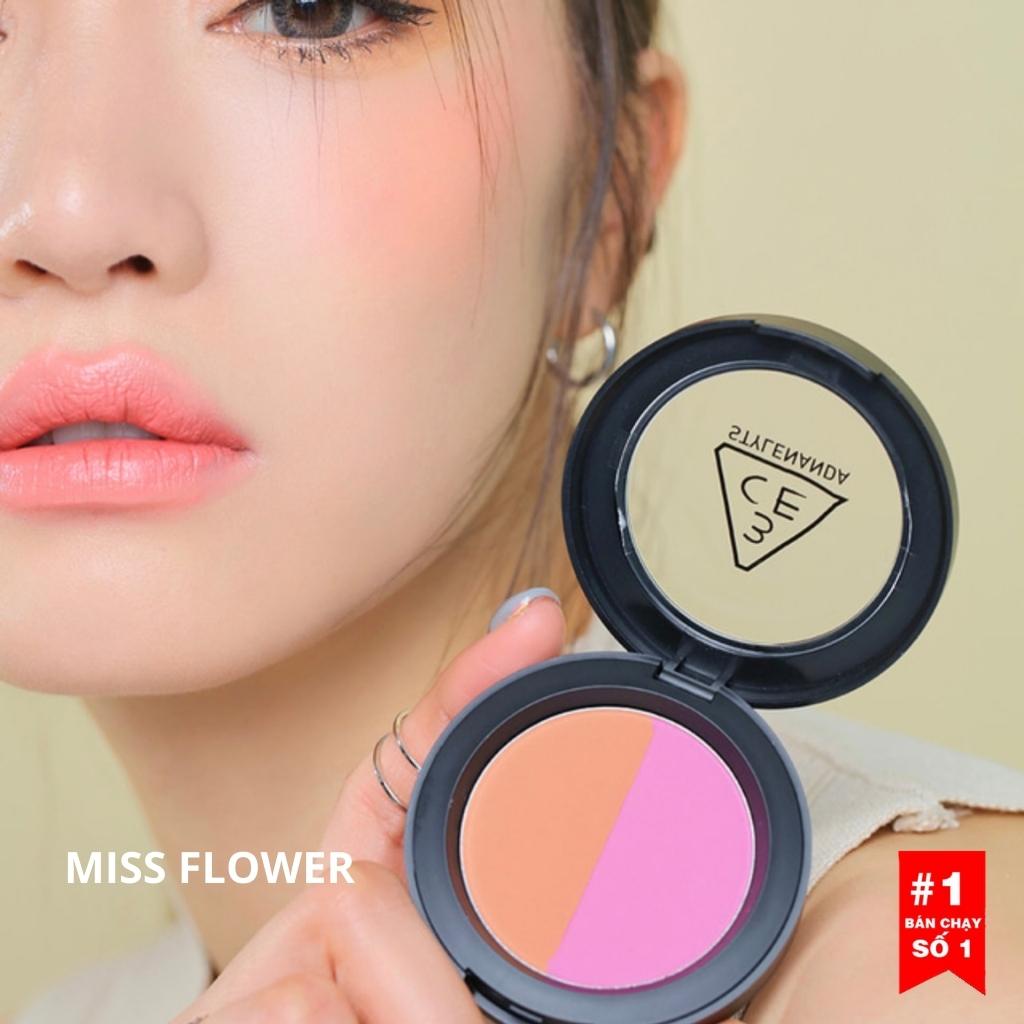Phấn má hồng 3CE Duo Color Face Blush trang điểm lâu trôi tự nhiên, che khuyết điểm tông hồng cam, retro makeup phấn mắt