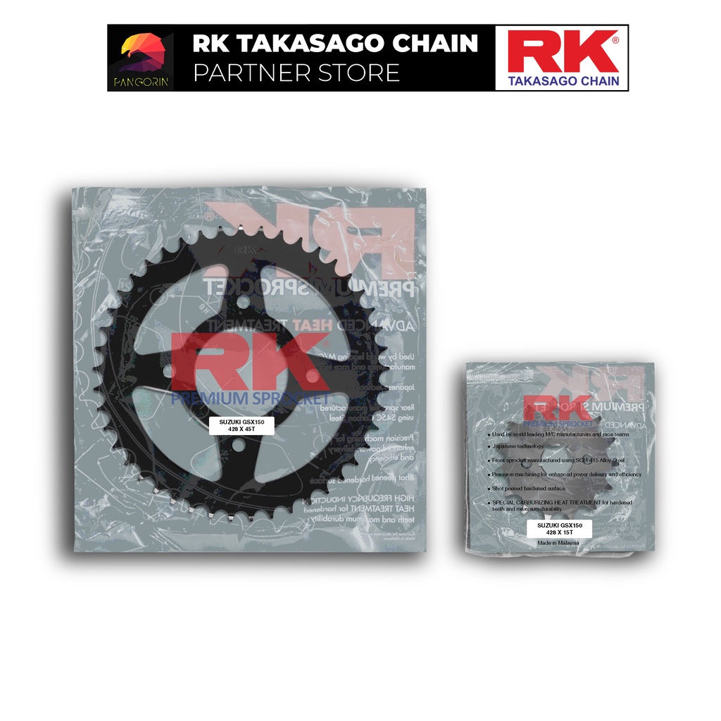 Nhông Dĩa RK Takasago cho xe máy Suzuki GSX-R150, chất liệu: Thép mạ màu đen, độ dày Nhông Dĩa: 428