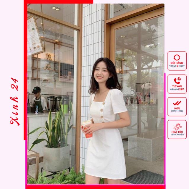 Đầm Nữ Cổ Vuông , Váy Cổ vuông Phối Nút Trẻ Trung đáng yêu | BigBuy360 - bigbuy360.vn