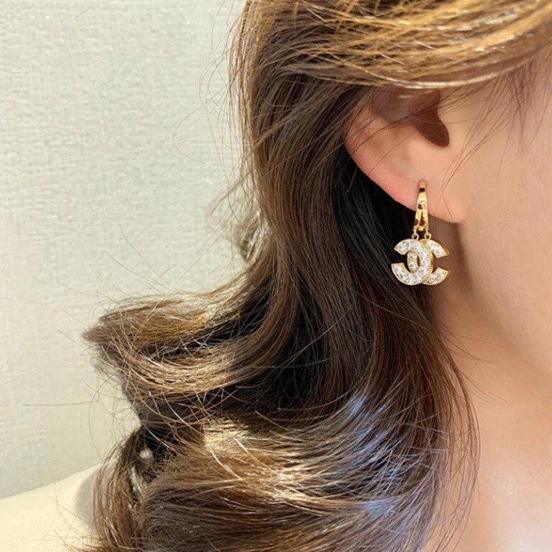 Bông Tai Mạ Bạc 925 Hình Chữ C Đính Đá Phong Cách Hàn Quốc