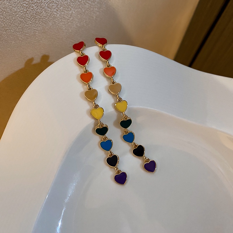 Bông Tai Dáng Dài Hình Trái Tim Nhiều Màu Thời Trang Phong Cách Hàn Quốc