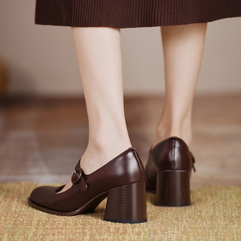 Giày Cao Gót Da Đế Dày Mũi Tròn Màu Nâu/Đen Cho Nữ