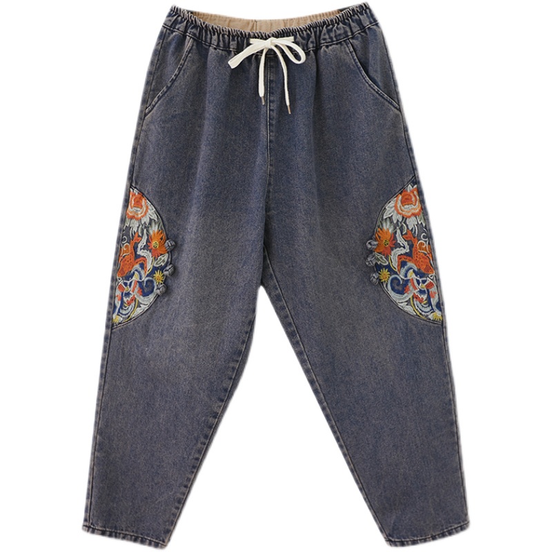 A374 quần bigsize freesize quần jean họa tiết thêu hoa văn phong cách mẫu mới