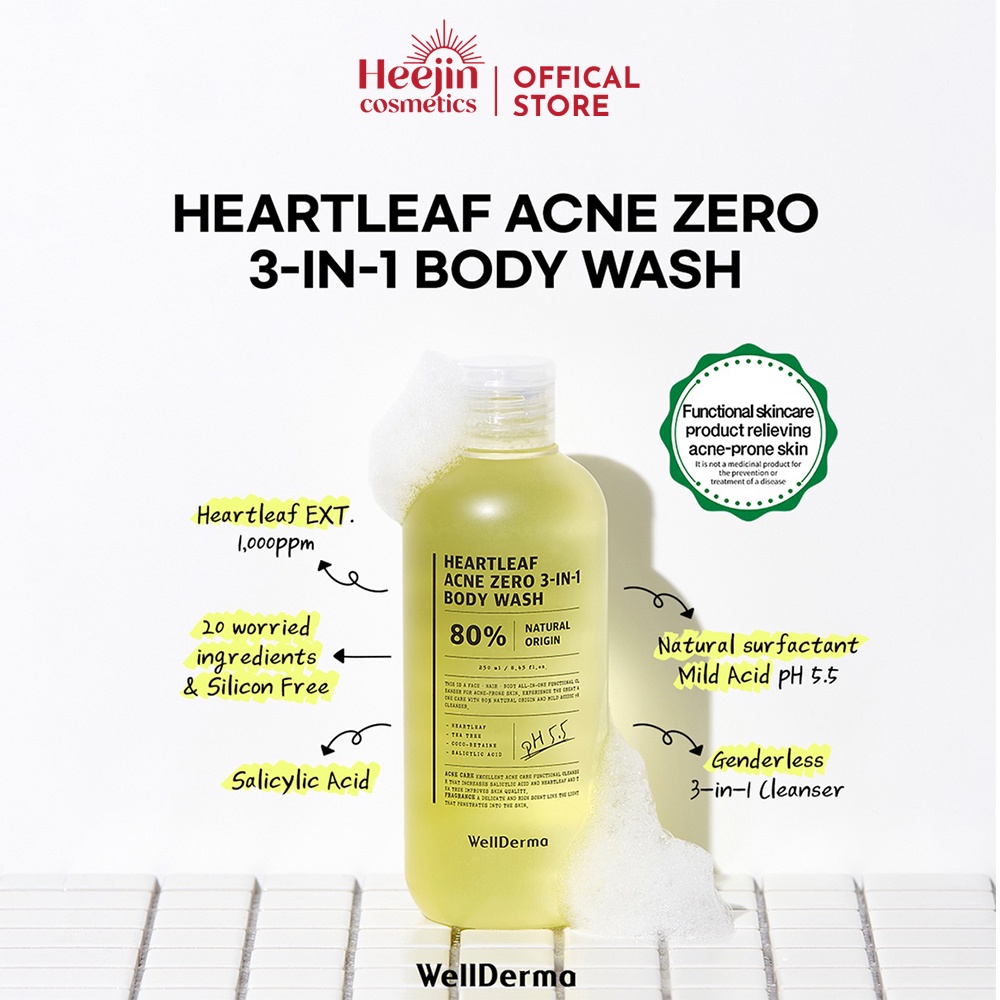 Sữa Tắm Cây Diếp Cá Ngừa Mụn 3in1 WellDerma Heartleaf Acne Zero Body Wash 250ml