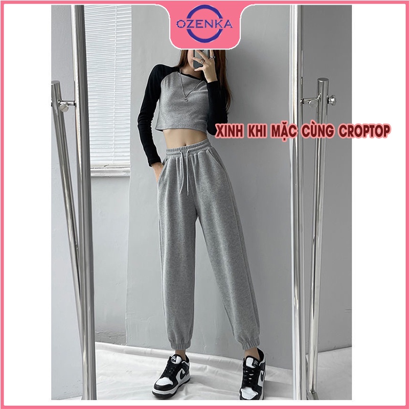 Quần jogger cạp cao bo gấu nữ OZENKA , quần nỉ thun nữ cạp chun chất nỉ bông cao cấp 3 màu đen ghi xám