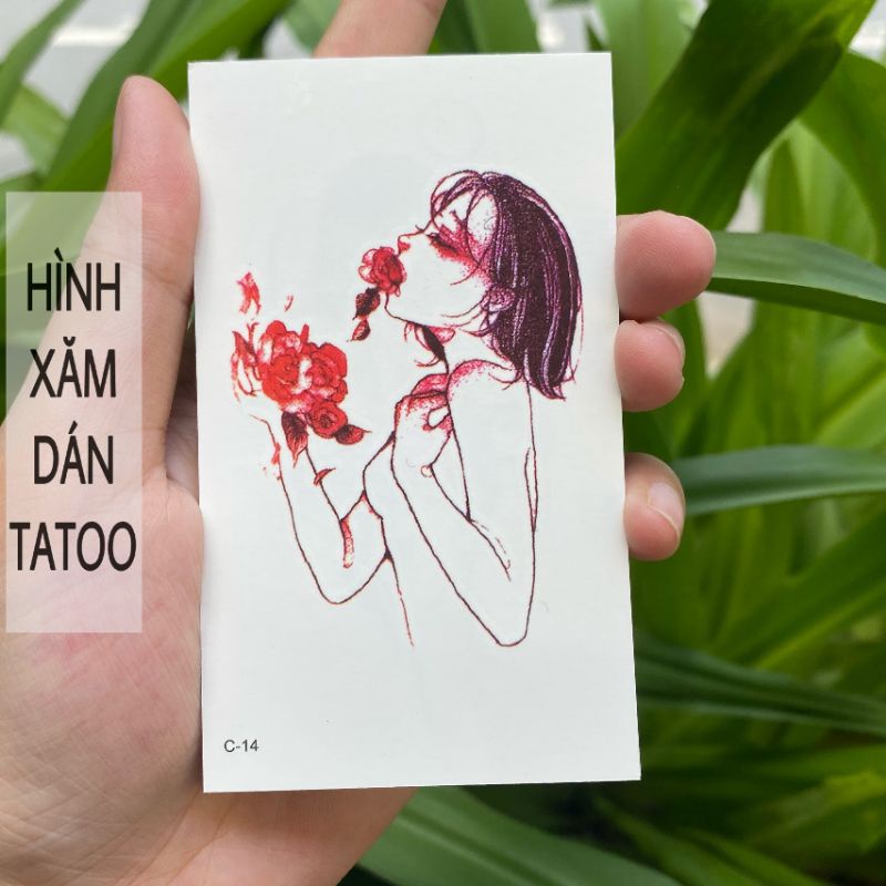 Hình xăm cô gái và hoa c14. Tatoo dán tạm thời size &lt;10x6cm