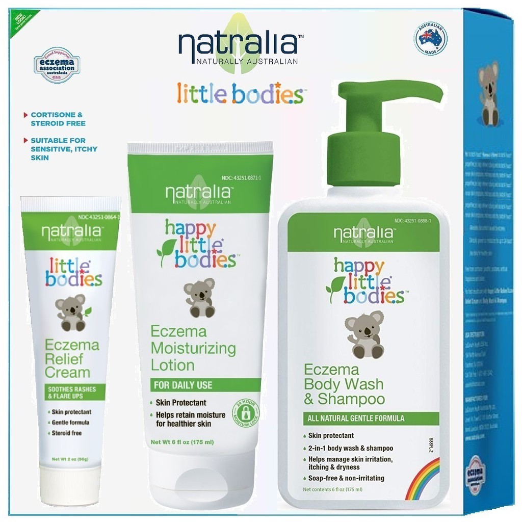 Combo NATRALIA ÚC Happy Little Bodies sữa tắm gội sữa dưỡng da kem chàm da viêm da cho bé sơ sinh Baby Eczema 56gr 175mL