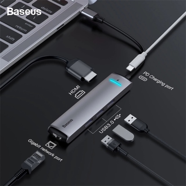 Hub chuyển Baseus Mechanical Eye 6 in 1 Smart Hub (Type C to 3x USB 3.0, HDMI 4K, LAN RJ-45, Type C PD)