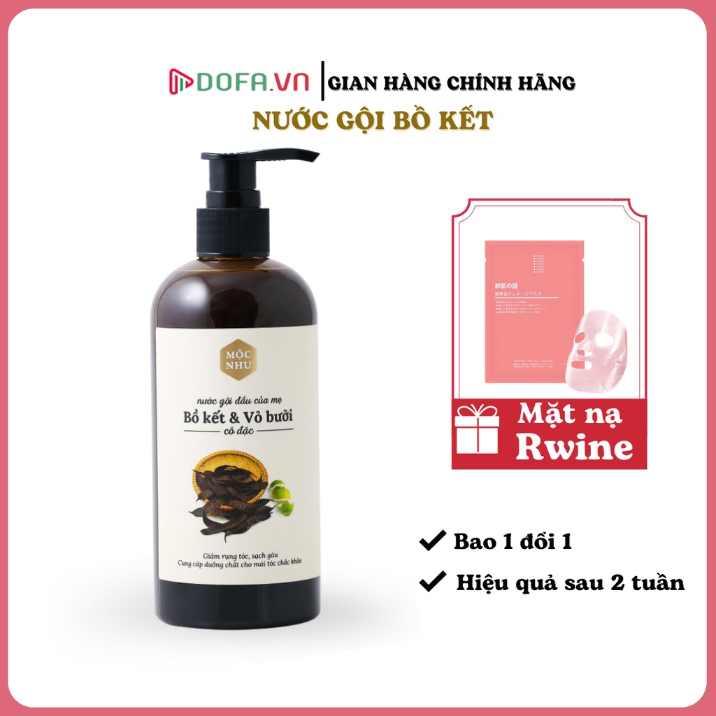 Nước Gội Bồ Kết Vỏ Bưởi Mộc Nhu, giảm rụng tóc, kích thích mọc tóc, 300ML, Tặng Mặt Nạ Dưỡng Da