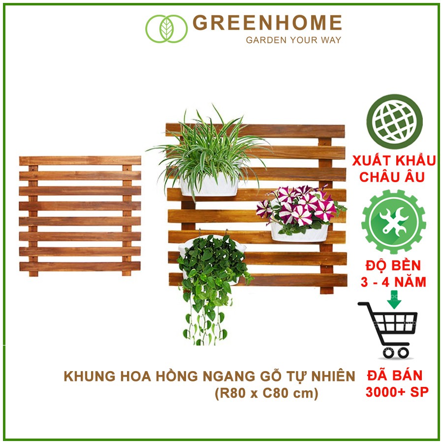 Giàn gỗ treo ban công, R80xC80cm, gỗ tràm siêu bền, màu gỗ, làm khung hoa hồng leo, bông giấy |Greenhome