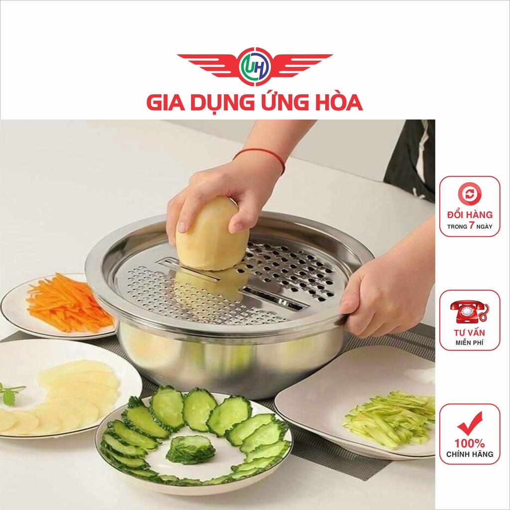 Bộ Nạo Rau Củ Quả Đa Năng Inox 3 in 1 - Bộ Rổ Nạo Củ Quả Kèm Chậu- gia dụng