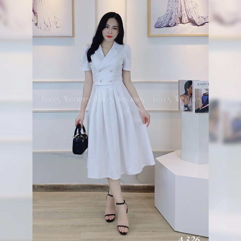 Set váy trắng công sở LEOSWEARING chân váy xòe xếp li mix áo vest croptop A326