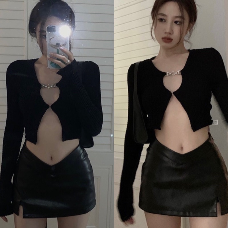 KHOSIBOHOME- Áo croptop tay dài phối xích freesize co dãn tốt
