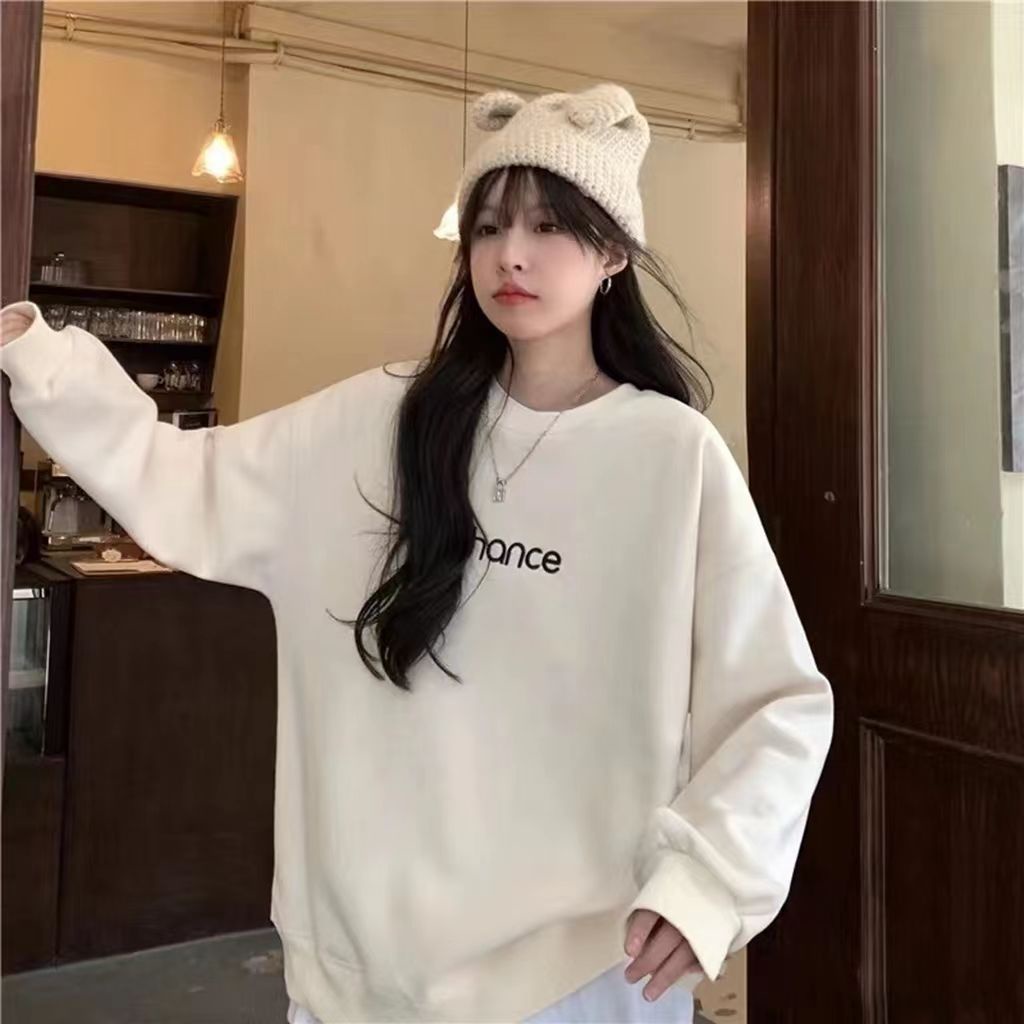 Áo Nỉ Cổ Tròn In Chữ Phong Cách Lười Thời Trang Thu Đông Cho Nữ Tj272