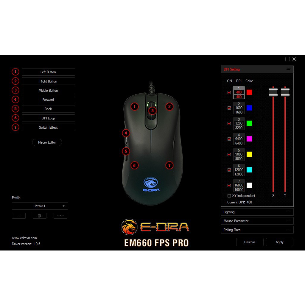 Chuột Gaming E-Dra EM660 Pro FPS ( LED RGB, 16000 DPI, Phần mềm tùy chỉnh ) - Bảo hành 24 tháng