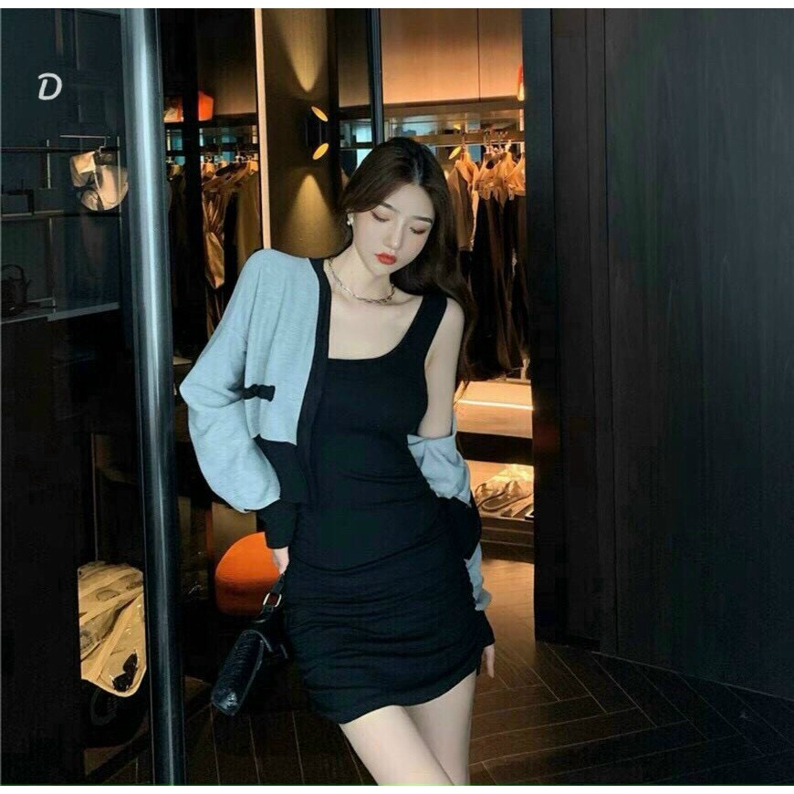 [ Miễn phí ship 2022 ] Đầm thun kèm khoác gân ,  đầm ôm body áo cadigan ngoài phối màu phong cách hàn quốc trẻ trung