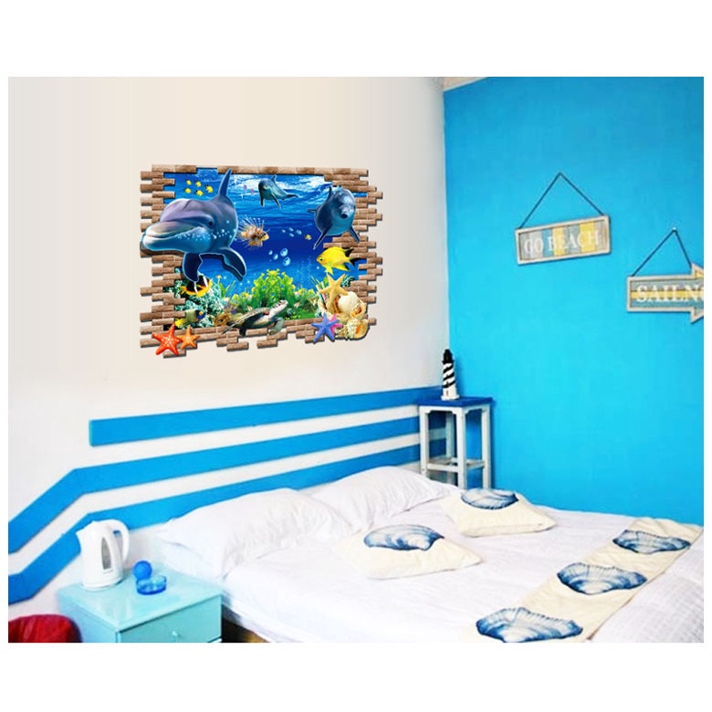 Decan dán tường đẹp, decan dán tường 3d hình cá heo kích thước 60x90