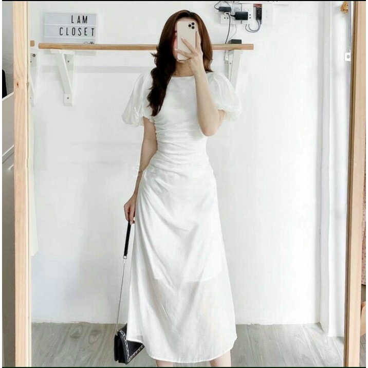 Váy nữ nhún eo ôm body sexy gợi cảm thanh lịch 2 màu trắng và hồng dự tiệc dạo phố Kawaii Mise