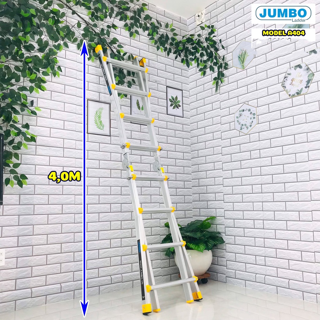 Thang Nhôm Chữ A, Thang nhôm gấp trượt JUMBO A404 TẢI TRỌNG NÂNG CẤP 300KG - Chữ A 2m, Chữ I 4m - Bảo Hành 24 Tháng