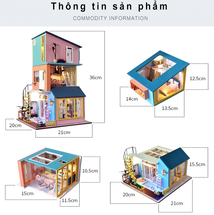 Mô hình nhà búp bê lắp ghép bằng gỗ Mẫu Biệt Thự 3 Tầng Sáng Tạo tặng kèm dụng cụ lắp ghép, keo silicon