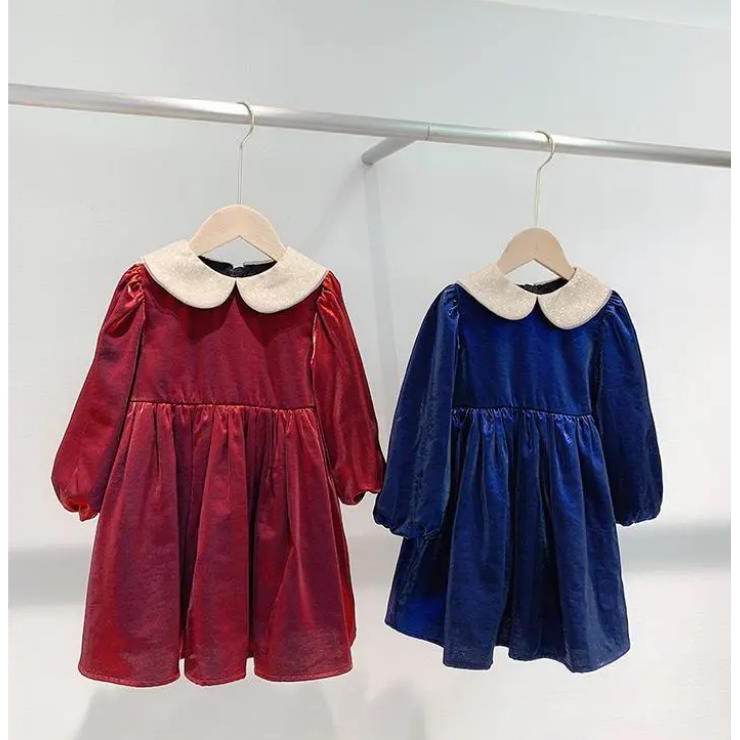❤Đầm Công Chúa Tay Dài Lót Lông Cừu Dày Dặn Cổ Búp Bê Màu Đỏ Thời Trang Thu Đông Năm Mới 2021 Cho Bé Gái