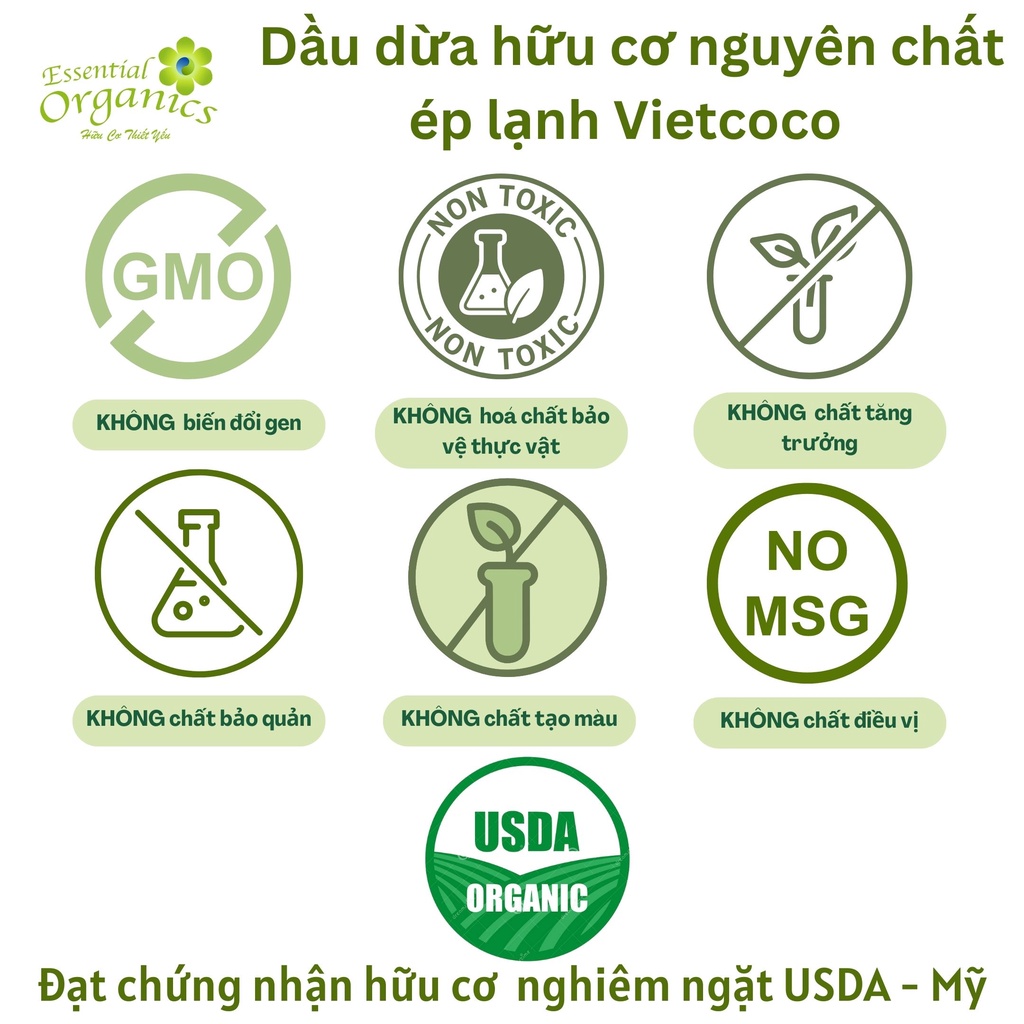Dầu dừa hữu cơ nguyên chất ép lạnh Vietcoco 500ml Dầu dừa tinh khiết dưỡng tóc dưỡng da tẩy trang & bảo vệ răng miệng