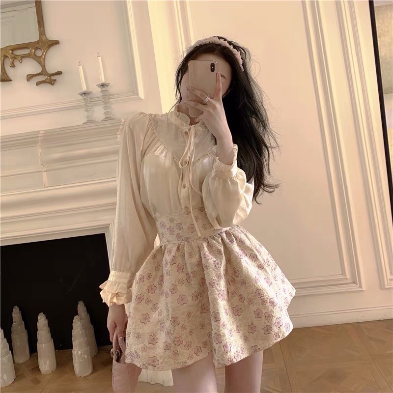 Set áo sơ mi lụa bèo + chân váy gấm xoè hoa nhí tiểu thư cao cấp QCL1 siêu xinh ❤️