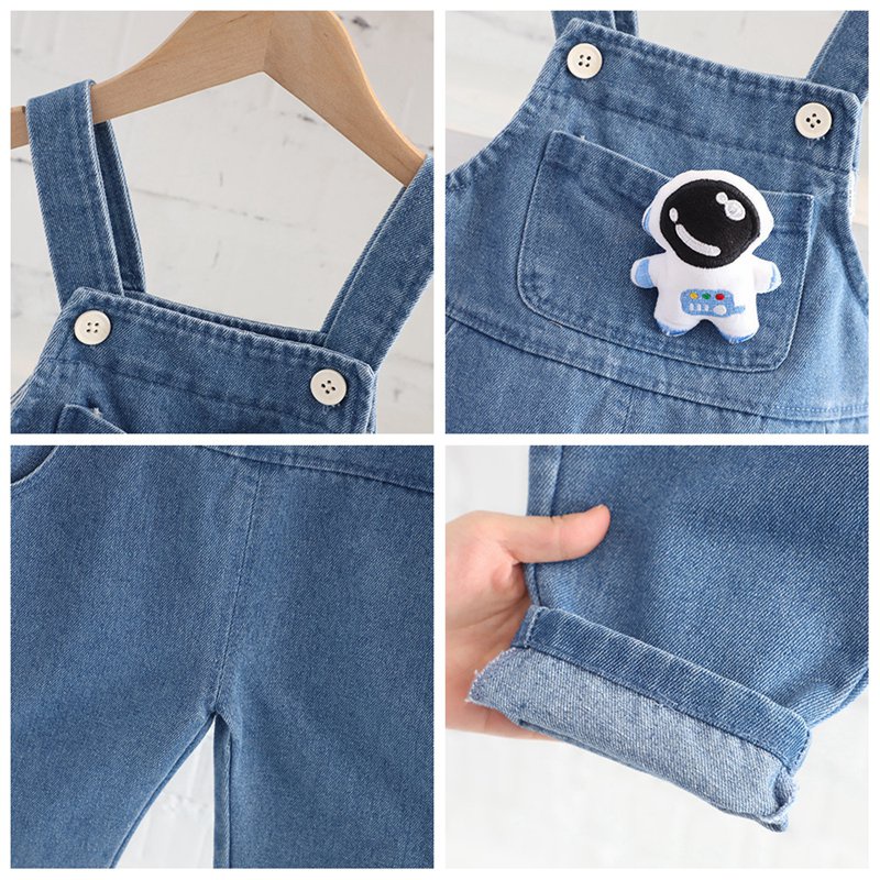Bộ Đồ Denim 2 Món Áo Thun Tay Dài In Hoạt Hình Phi Hành Gia Phối Quần Yếm Thời Trang Cho Bé Trai