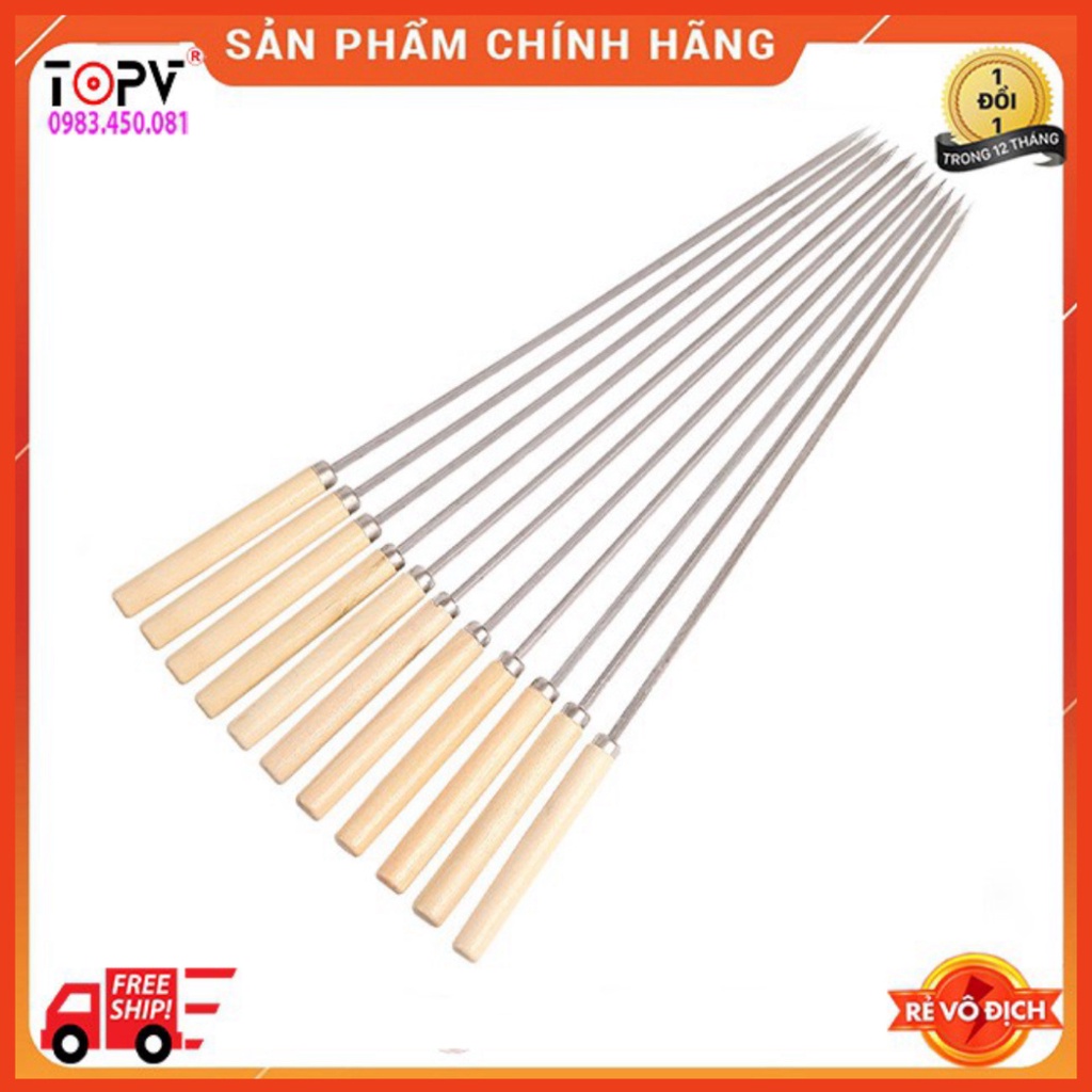 Xiên inox chuôi gỗ, que xiên thịt nướng, xiên nướng thịt, inox, Nướng tiện dụng, không gỉ sét, an toàn thực phẩm