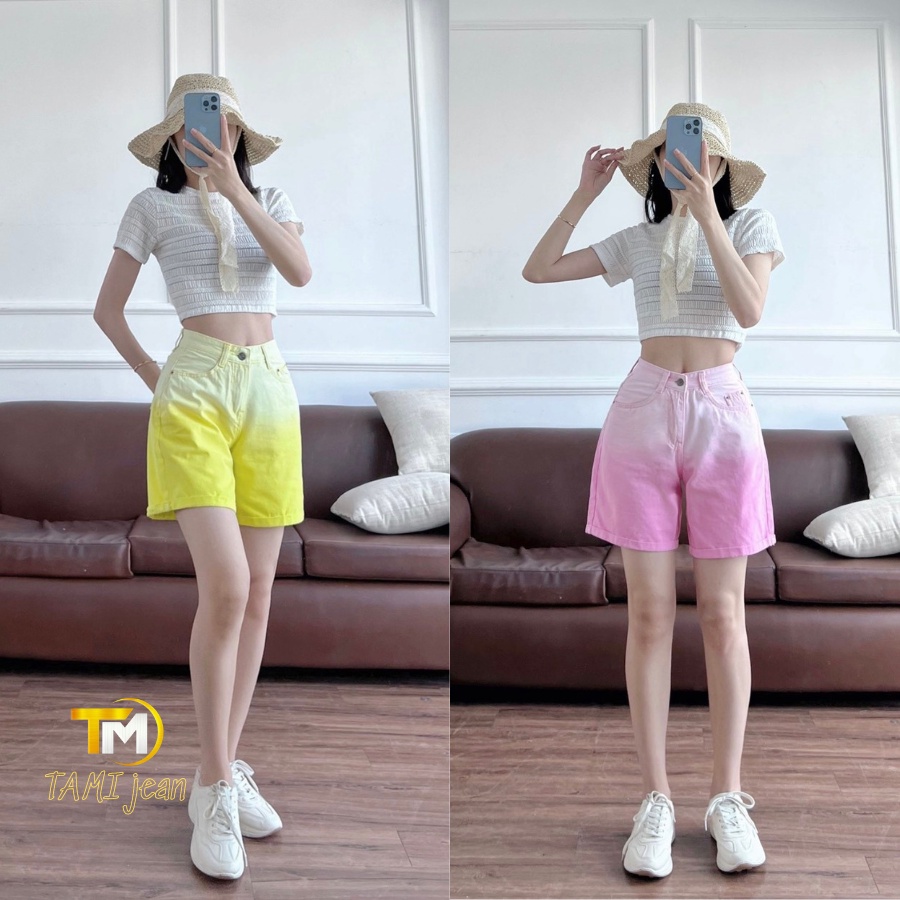 Quần short kaki wash loang màu, quần đùi nữ phối màu lưng cao ống rộng lật lai