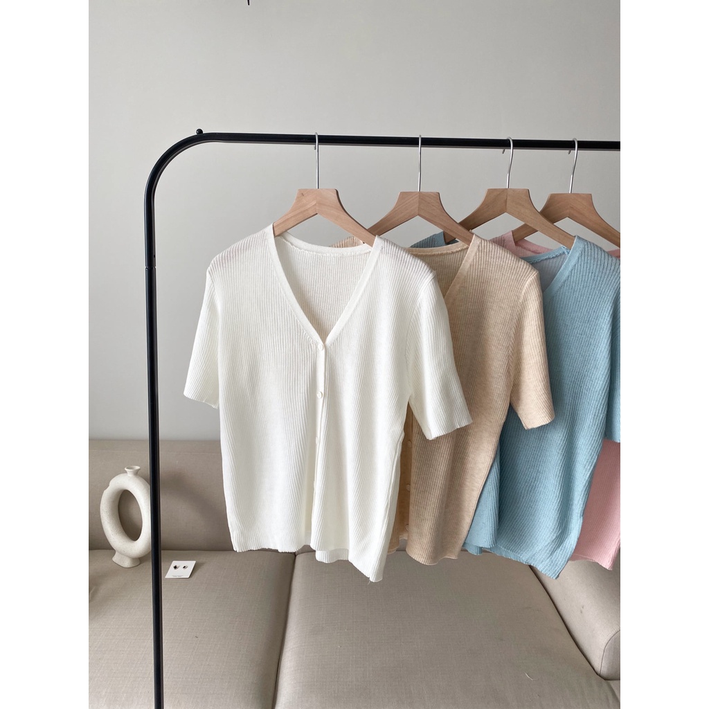 Len cộc tay gân nhỏ cổ V khuy cài TIIN STORE G21015