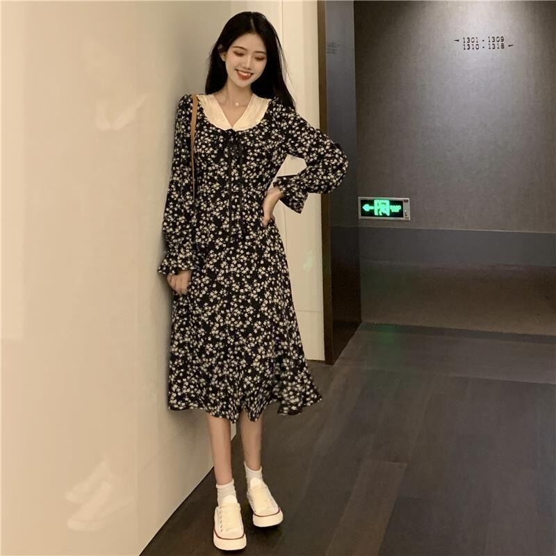 Đầm chữ a tay dài IELGY in họa tiết hoa phong cách vintage thời trang dành cho nữ