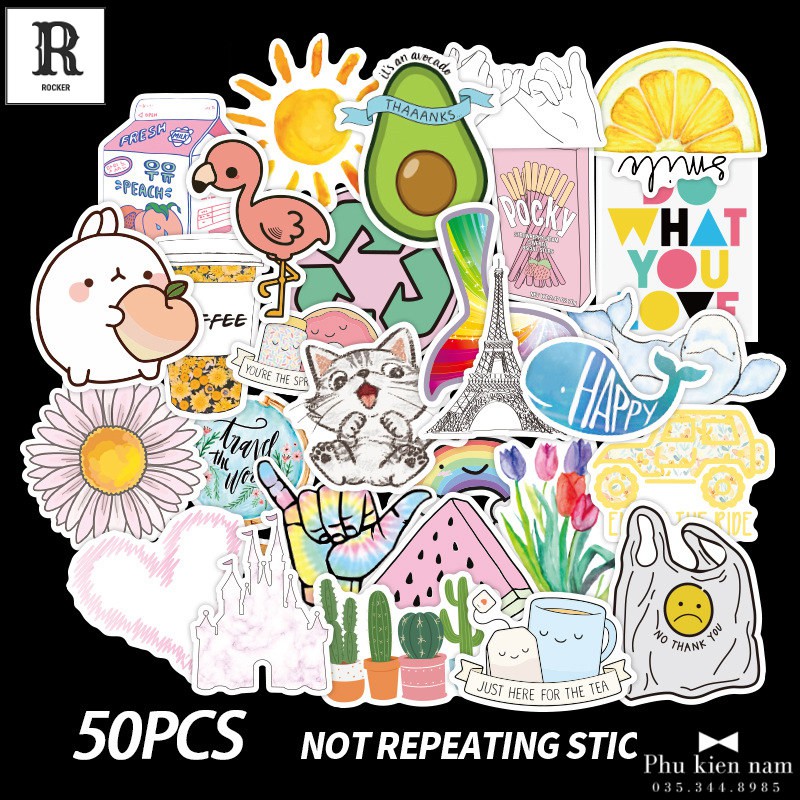 Sticker PVC Dễ thương 50 Hình ST098 - Stickers Chống nước Dán Mũ bảo hiểm Vali Laptop Điện thoại Dán xe