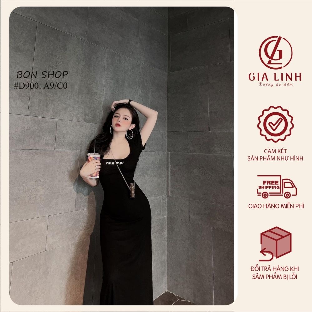 Đầm body dáng dài chất thun gân co giãn, váy cổ vuông tay ngắn thích hợp mặc đi chơi đi làm hay dự tiệc | BigBuy360 - bigbuy360.vn