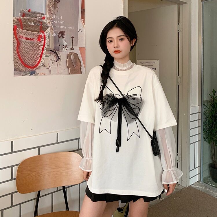 ZHELIHANGFEI Áo Sweater Tay Dài Phối Nơ Form Rộng Dễ Phối Đồ