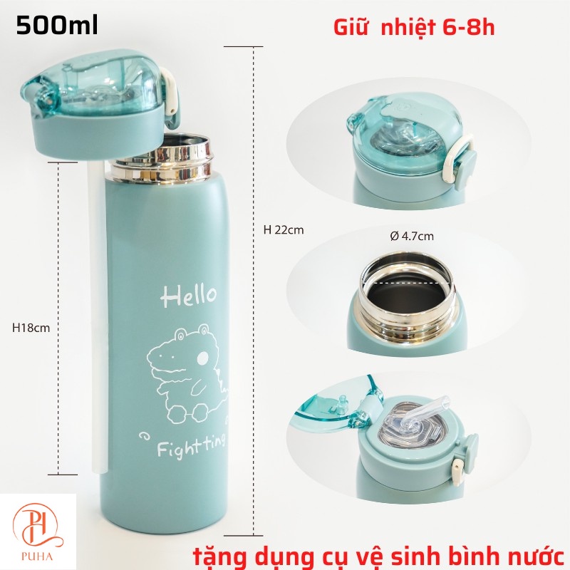 Bình giữ nhiệt PUHA chất liệu inox 304 giữ nóng lạnh, bình nước có ống hút dung tích 500ml