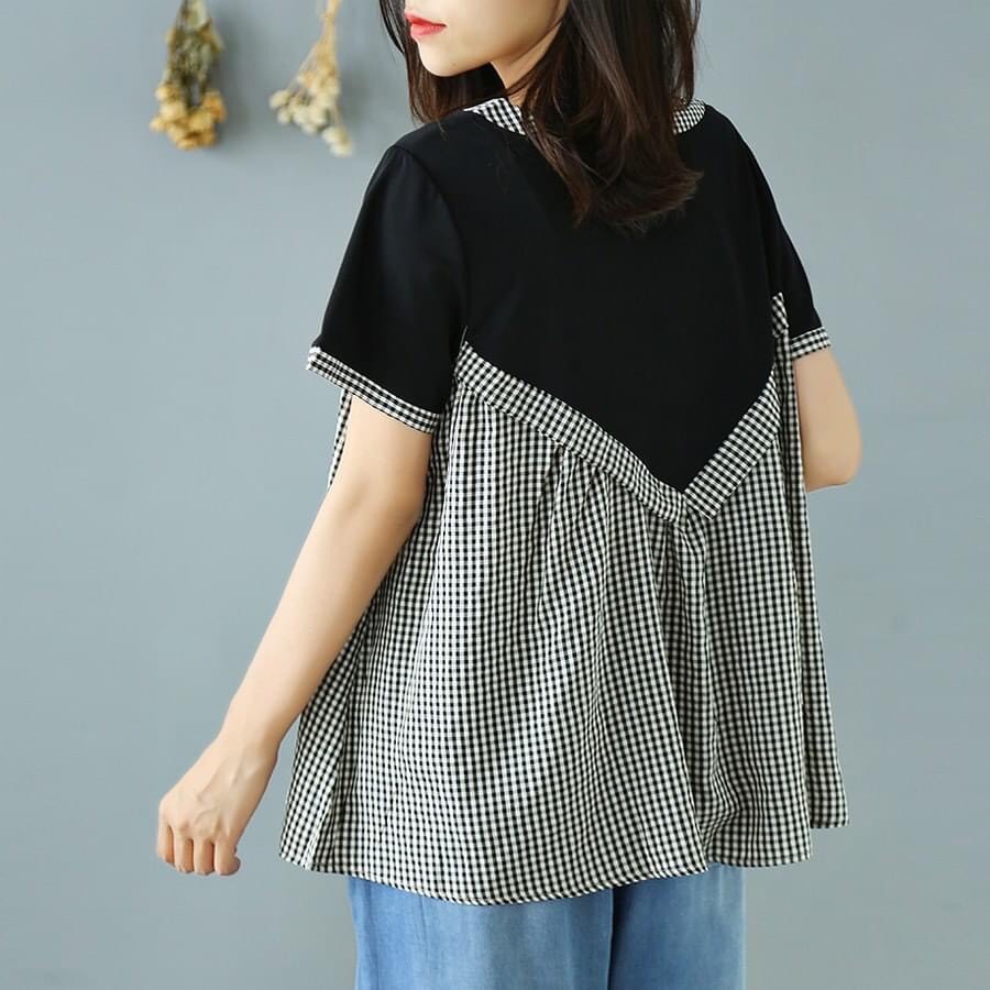 Aó bầu thời trang kẻ phối đen